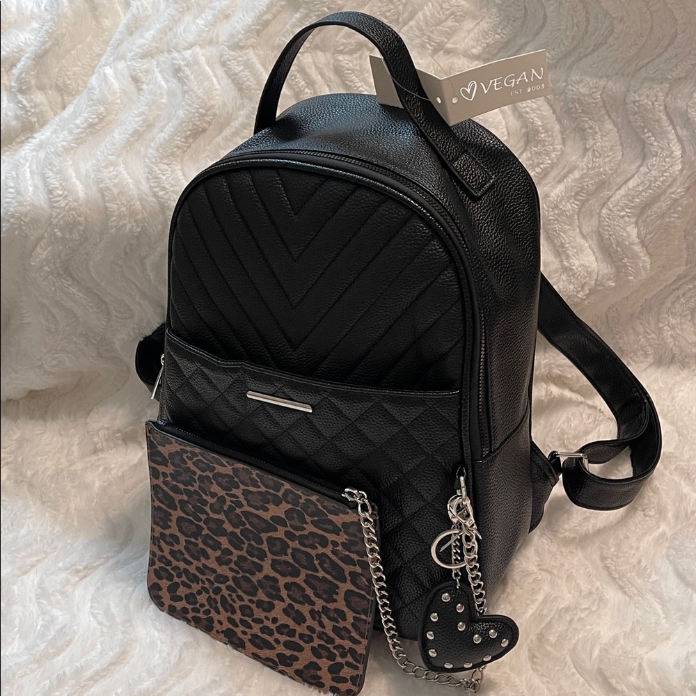 NWT Vegan Leather Quilted Backpack w/Leopard Insert & Heart Keychain